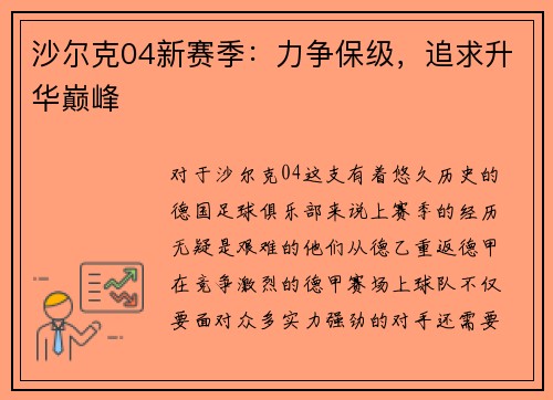 沙尔克04新赛季：力争保级，追求升华巅峰
